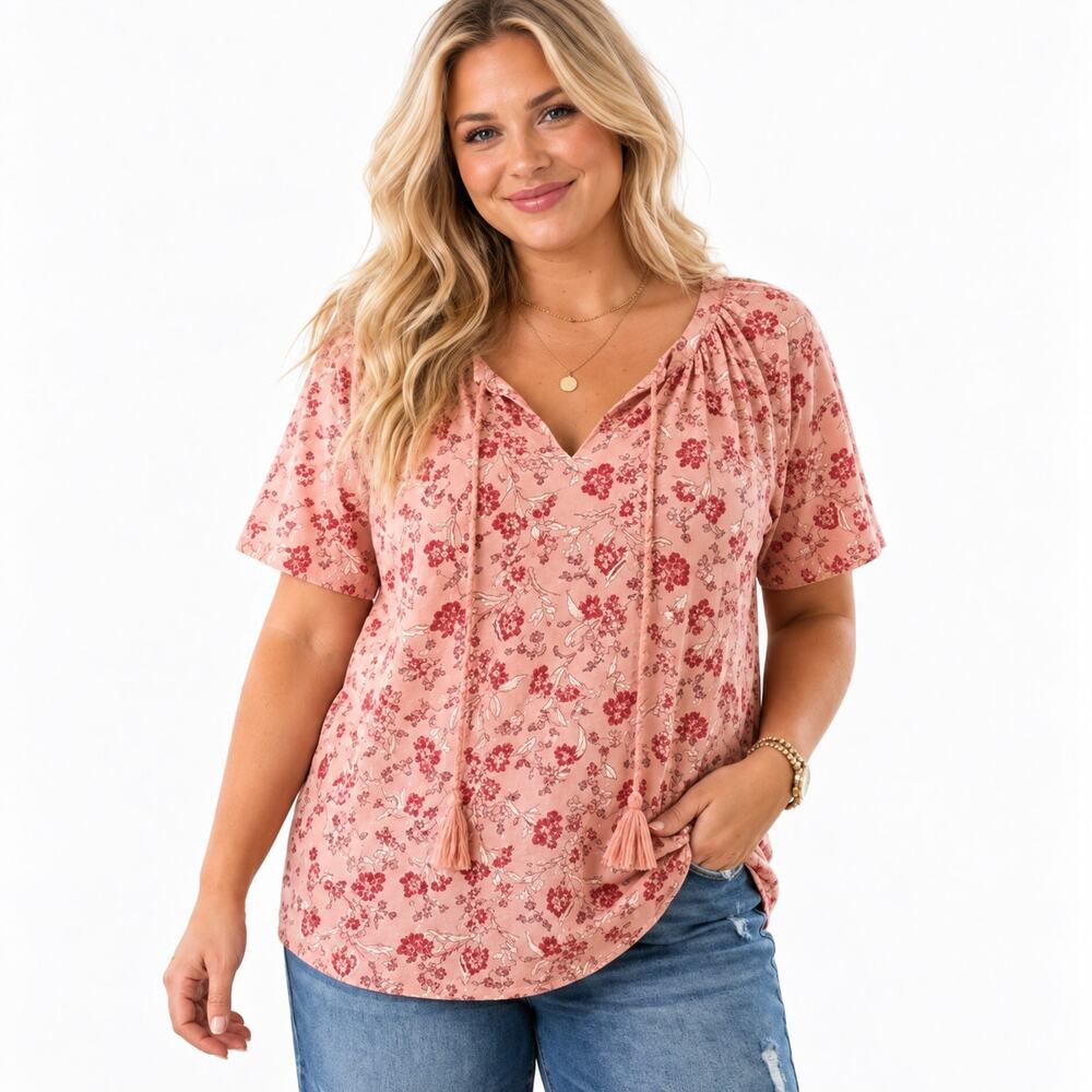 Style & Co Tassel Top Womens Size 1X Pink Floral Cotton Casual Peasant Boho Knit